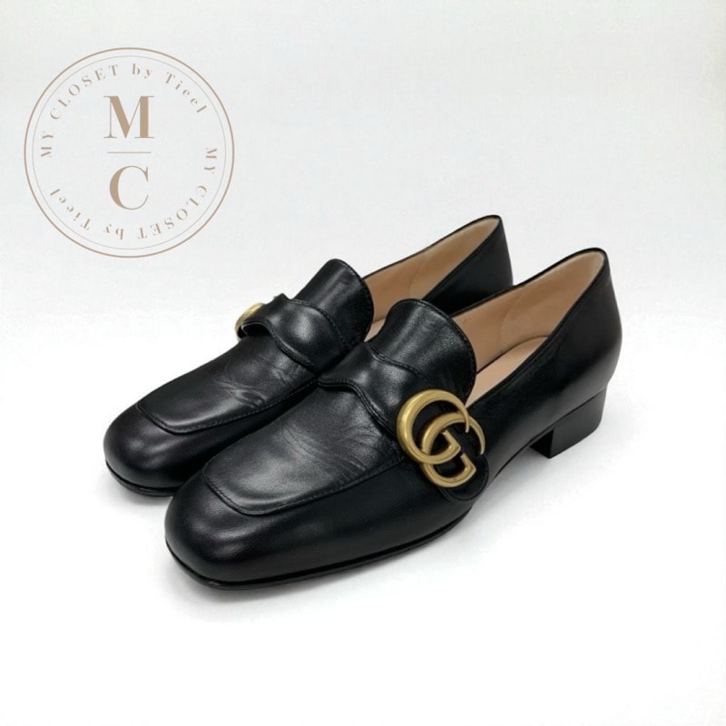 グッチ GUCCI ダブルG ローファー 革靴 靴 シューズ レザー ブラック 黒 ゴールド GGマーモント