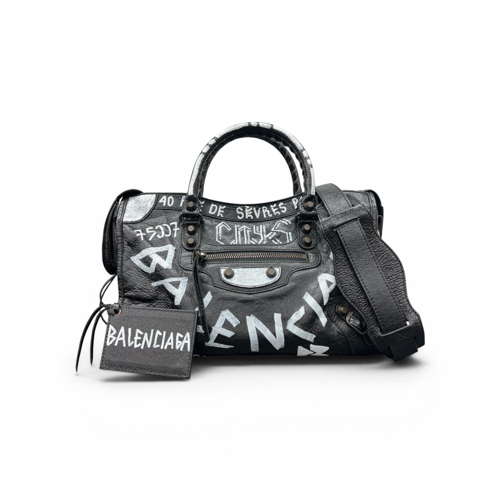 BALENCIAGA 美品 バレンシアガ クラシックシティS グラフィティ 2way ハンドバッグ ショルダーバッグ 431621 レザー ブラック ホワイト ユニセックス シティ ミラー付き Y2K ABランク 中古 鑑定済 バレンシアガバッグ