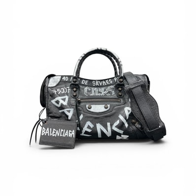 BALENCIAGA 美品 バレンシアガ クラシックシティS グラフィティ 2way ハンドバッグ ショルダーバッグ 431621 レザー ブラック ホワイト ユニセックス シティ ミラー付き Y2K ABランク 中古 鑑定済 バレンシアガバッグ