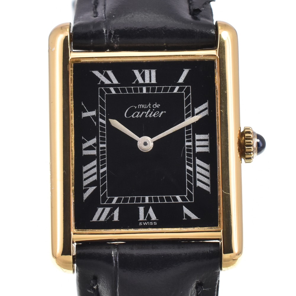 カルティエ CARTIER マストタンク SV925(GP)/レザー ブラック 手巻き ユニセックス 腕時計 D#147044