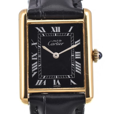 カルティエ CARTIER マストタンク SV925(GP)/レザー ブラック 手巻き ユニセックス 腕時計 D#147044