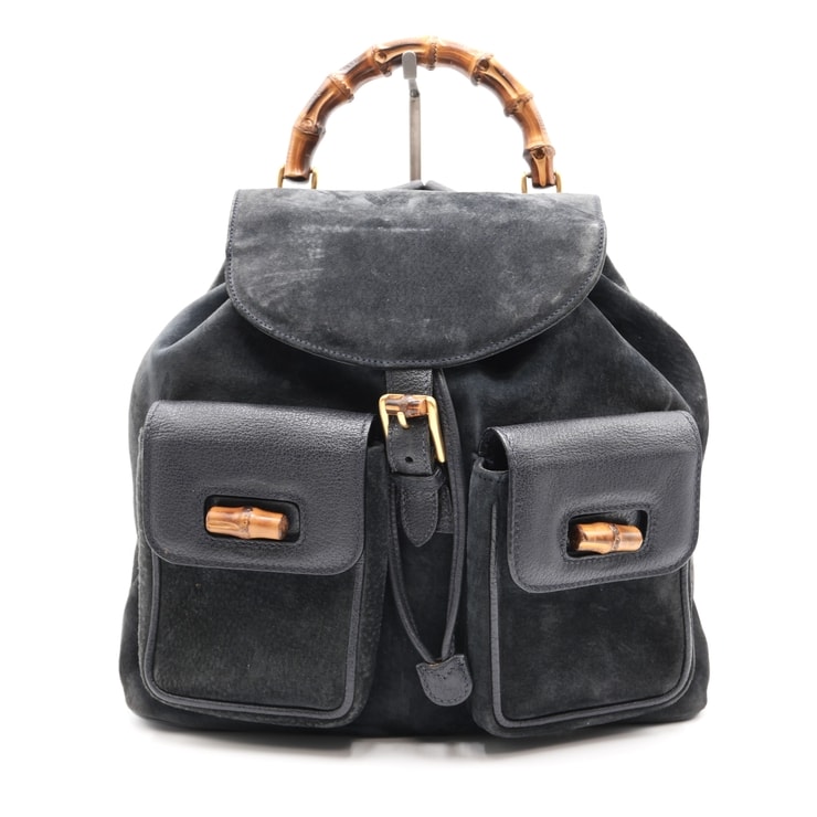 GUCCI(グッチ)バンブー ヴィンテージ リュックサック バックパック ブラック系 スエード レザー 竹ハンドル ゴールド金具 レディース【中古】