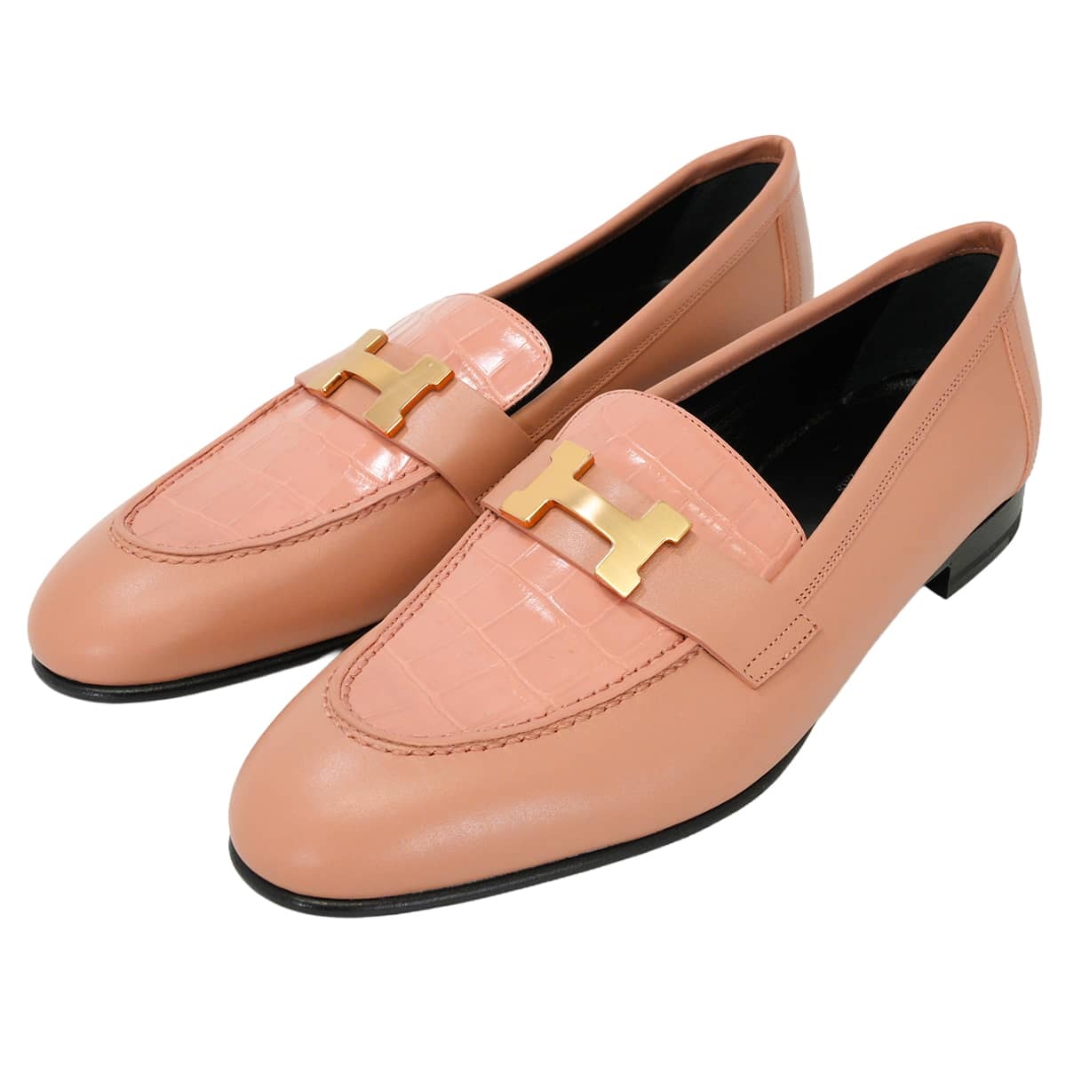 HERMES エルメス モカシン パリ ローズポルスレーヌ カーフ/クロコダイルニロティカス 24.5cm(#38) ゴールド金具 新品未使用