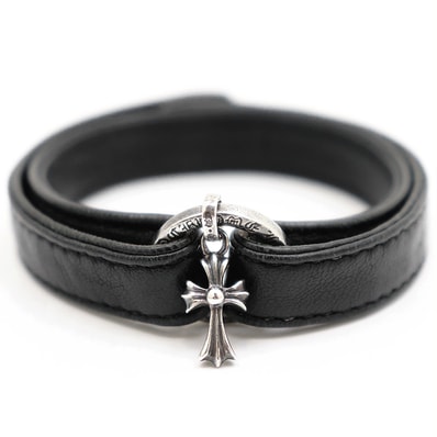 【希少】CHROME HEARTS クロムハーツ レザー ブレスレット メンズ レディース ユニセックス DBL MRAP NTFL V1 ベイビーファット NTFL CHクロス チャーム ダブルラップ アクセサリー ブラック 黒 シルバー