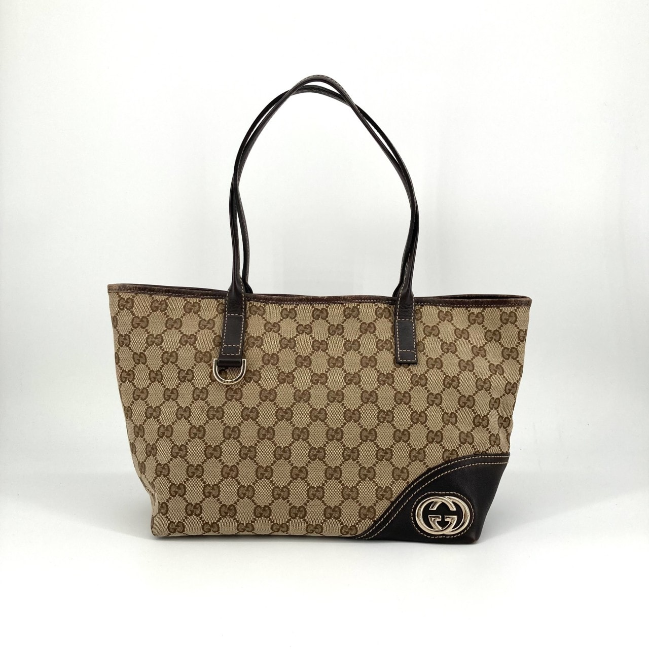 GUCCI(グッチ) ニューブリット GGキャンバス×レザー インターロッキングGG メタルチャーム 169946 トートバッグ ベージュ×ブラウン