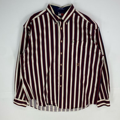 古着 トミーヒルフィガー TOMMY HILFIGER 長袖シャツ ボタンダウン 胸ポケット ロングスリーブ XL レッド系 ストライプ メンズ