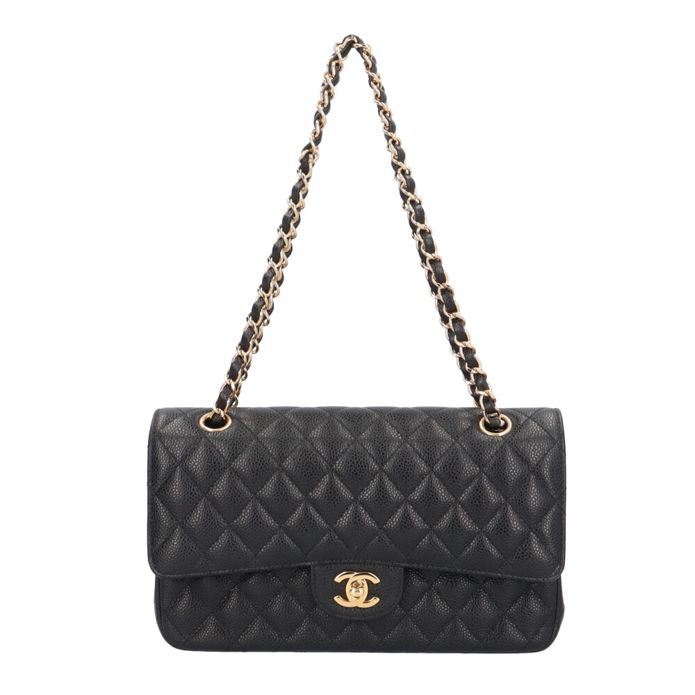 シャネル Wフラップ25 マトラッセ ショルダーバッグ キャビアスキン A01112 ブラック レディース CHANEL 中古