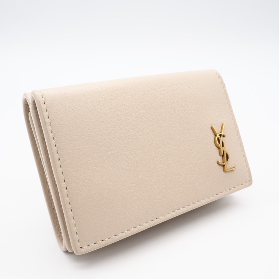美品 YVES SAINT LAURENT イヴ・サンローラン レザー オリガミ タイニーウォレット 637420 三つ折り財布 ベージュ カーフレザー レディース