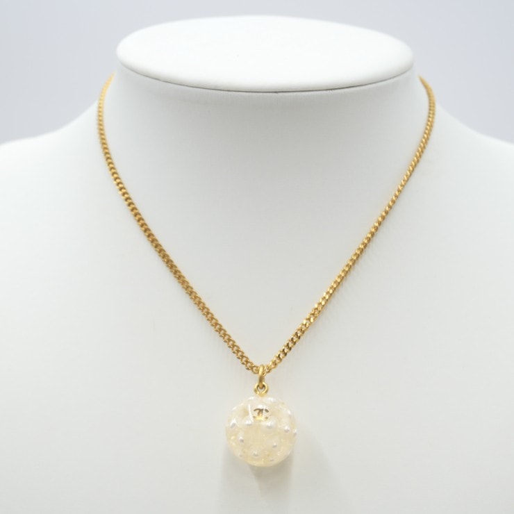 CHANEL(シャネル)フェイクパール ココマーク ネックレス ヴィンテージ ゴールドカラー クリアボール ペンダント アジャスター付き 40cm レディース【中古】