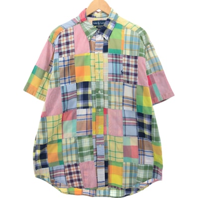 古着 ラルフローレン Ralph Lauren BLAKE チェック柄 パッチワーク 半袖 ボタンダウンシャツ メンズL相当/eaa539448