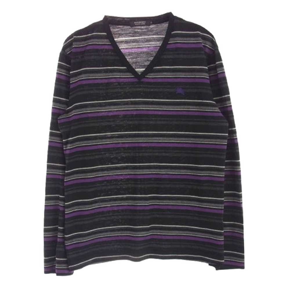 BURBERRY BLACK LABEL バーバリーブラックレーベル ニット BMW22-118-09 Vネック ウール ボーダー ニット ブラック系 パープル系 2【中古】