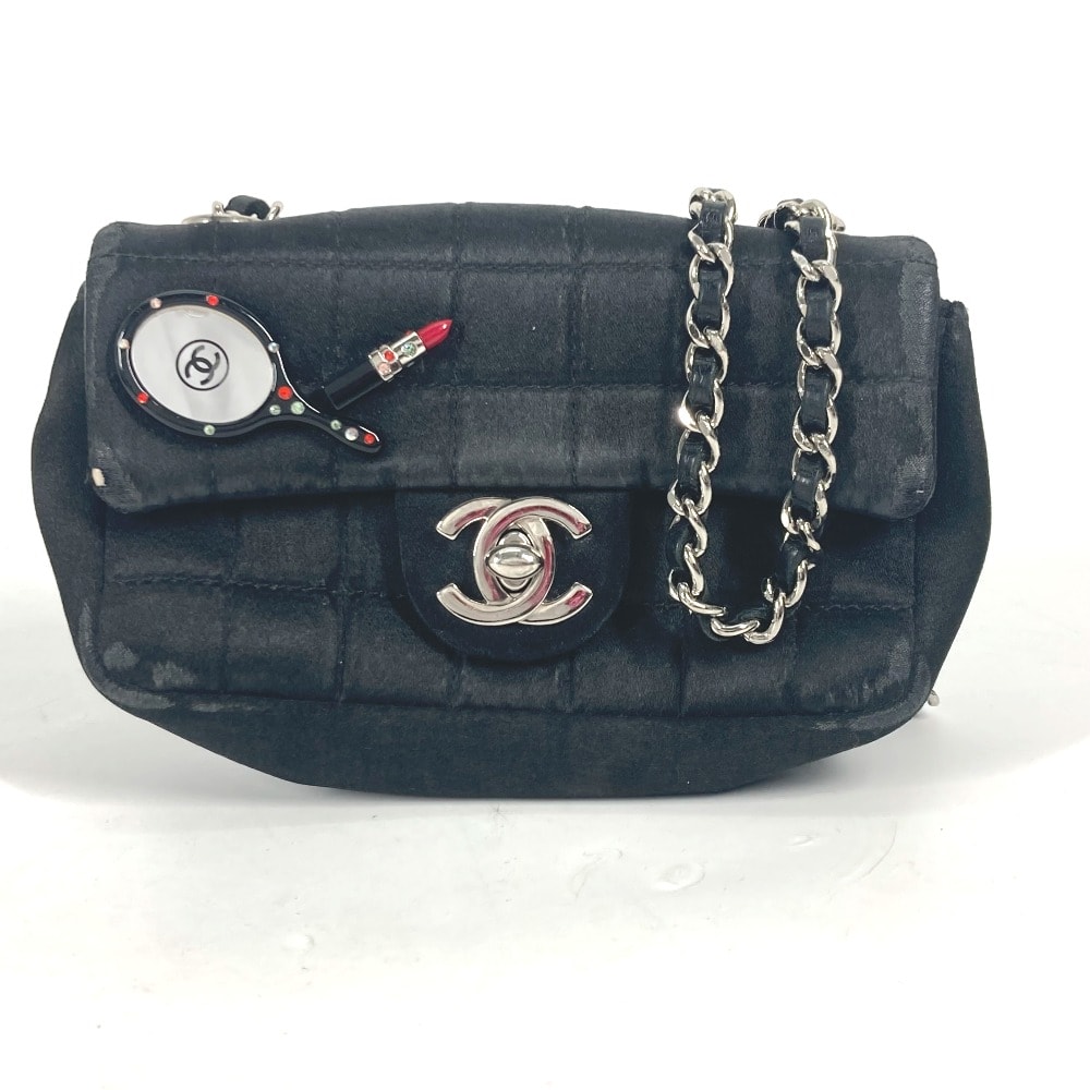 シャネル CHANEL リップ 口紅 ミラー 鏡 CC ココマーク カバン ポシェット チェーンバッグ 斜め掛け ショルダーバッグ サテン ブラック