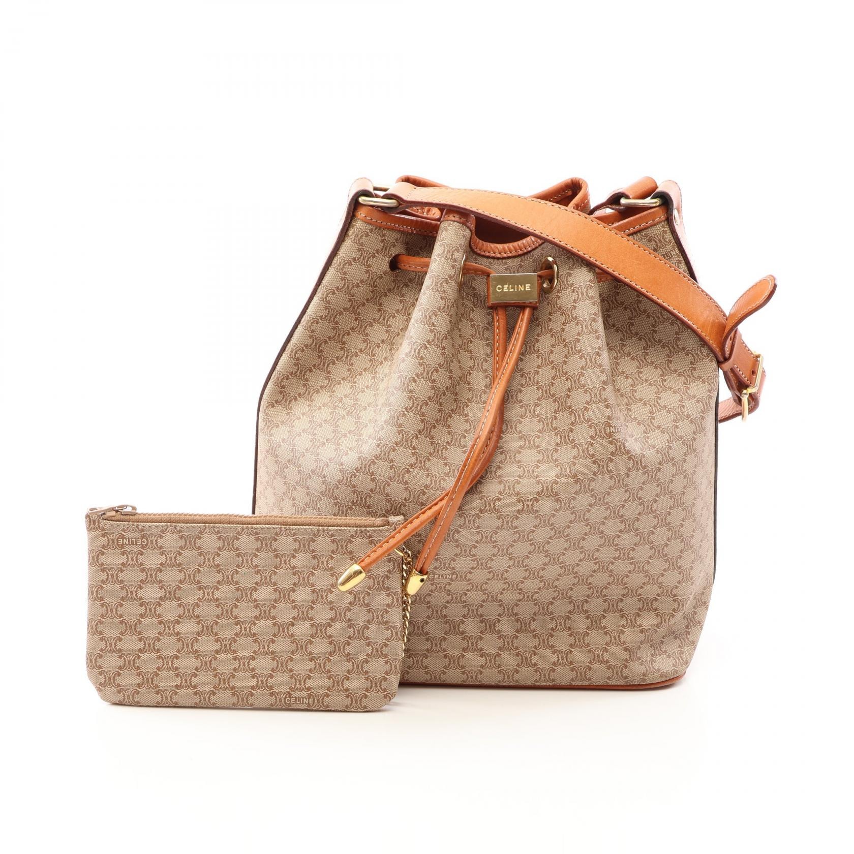 セリーヌ CELINE マカダム ドローストリング ショルダーバッグ バッグ PVCコーティングキャンバス レザー レディース ベージュ系 / ブラウン系 【中古】