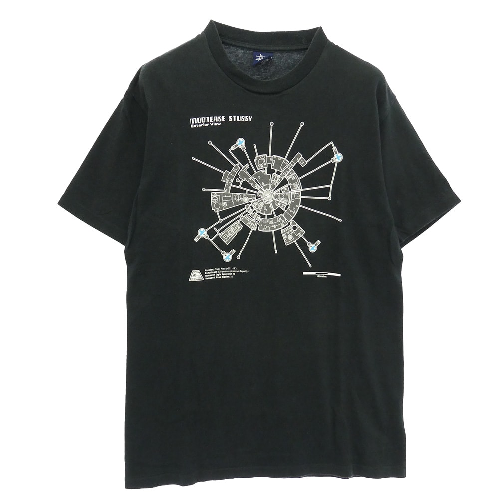 STUSSY ステューシー 90s 紺タグ OLD オールド moonbase tee グラフィック Tシャツ ブラック系 M【中古】
