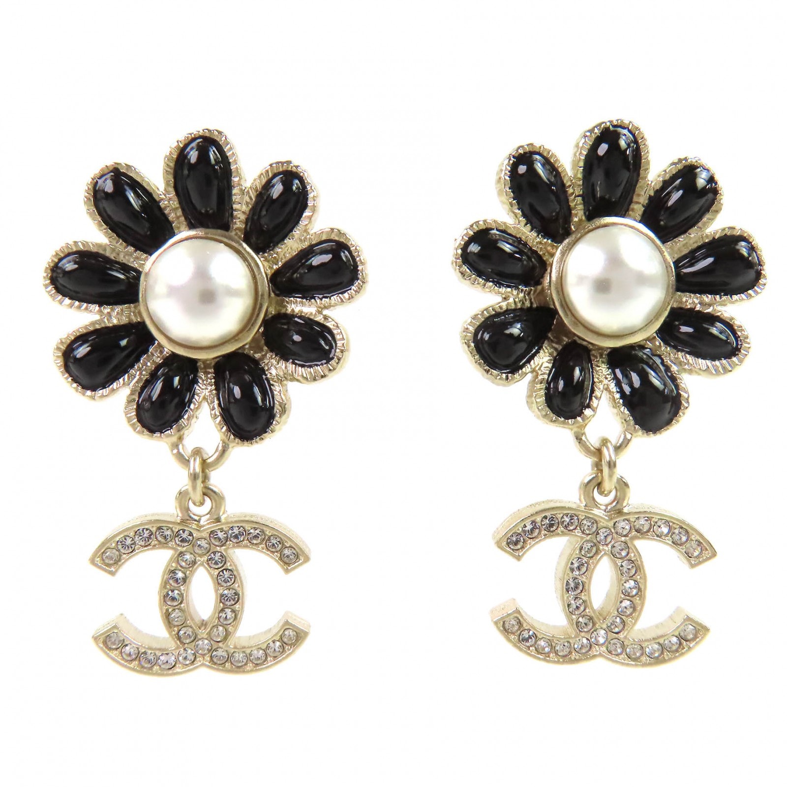 極美品 シャネル ココマーク フラワー フェイクパール ピアス 両耳用 A22K