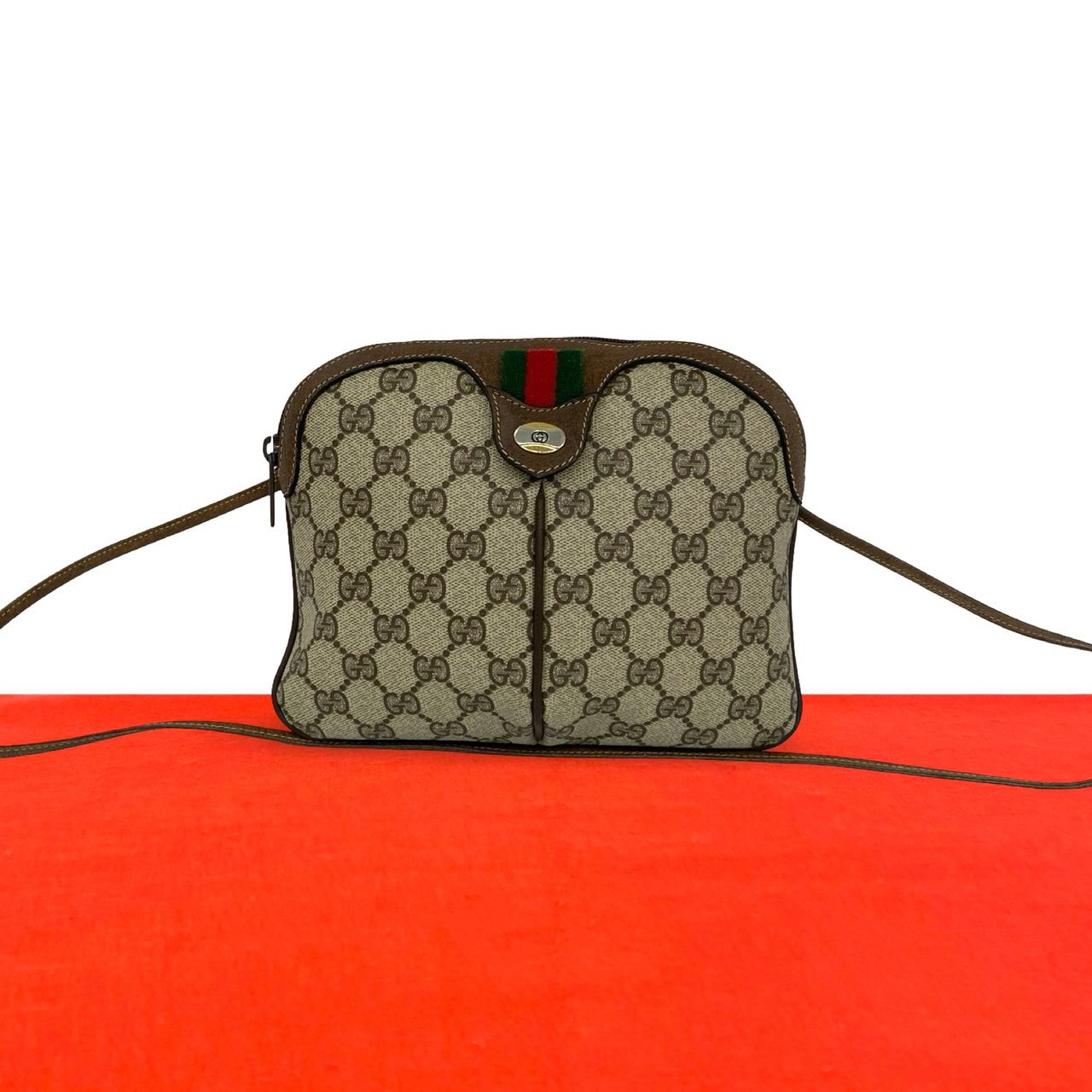 GUCCI グッチ シェリーライン GG 柄 ロゴ レザー PVC ショルダーバッグ ブラウン
 20955
