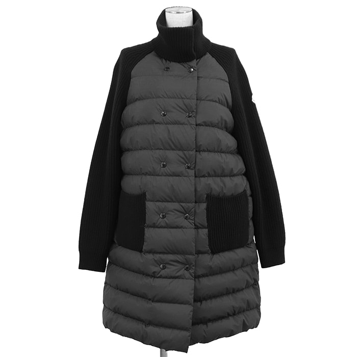 【極美品】MONCLER モンクレール ダウンジャケット CARDIGAN ニット コンビネーション サイズ L レディース 2023年製 ロゴ ボタン ワッペン ハイネック ダブルブレスト アウター ブラック 黒 日本製