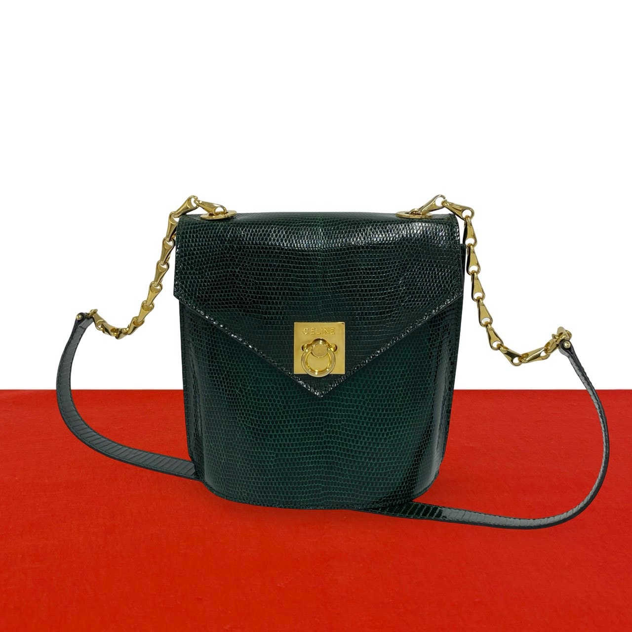 CELINE セリーヌ ロゴ リング金具 レザー ショルダーバッグ グリーン
28115