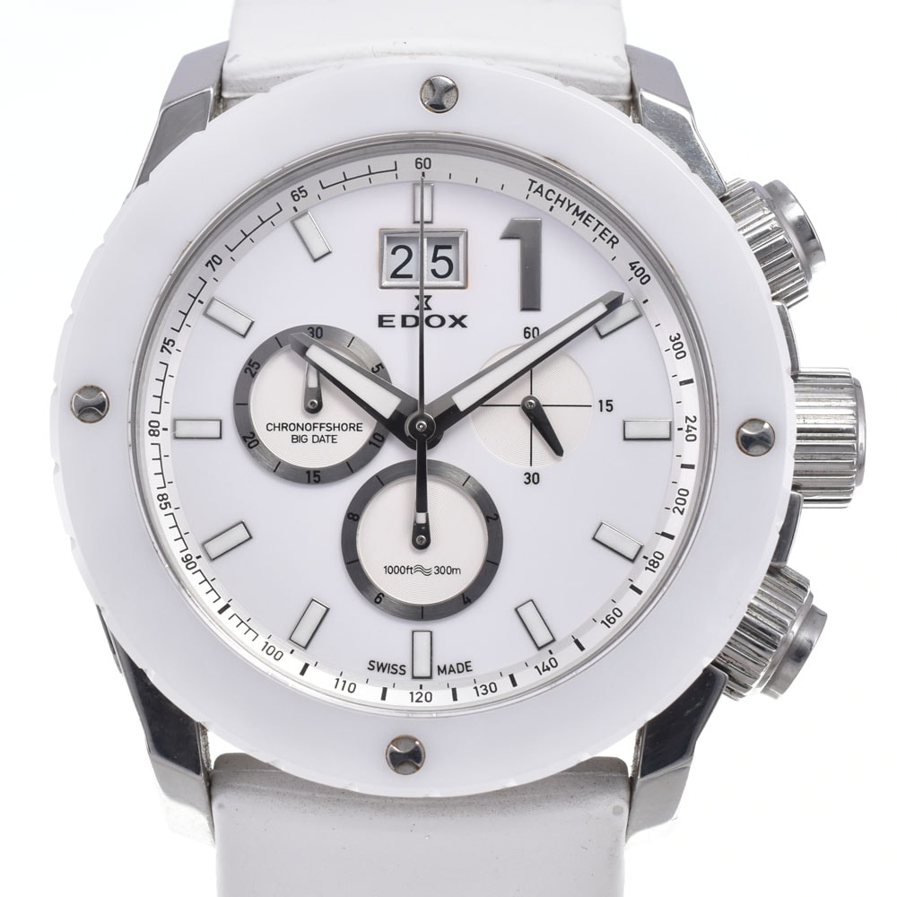 エドックス EDOX 10020-3B-BN2 クラス1 クロノオフショア クロノグラフ ビッグデイト ホワイト クォーツ メンズ 良品 腕時計 N#148710