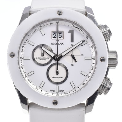 エドックス EDOX 10020-3B-BN2 クラス1 クロノオフショア クロノグラフ ビッグデイト ホワイト クォーツ メンズ 良品 腕時計 N#148710