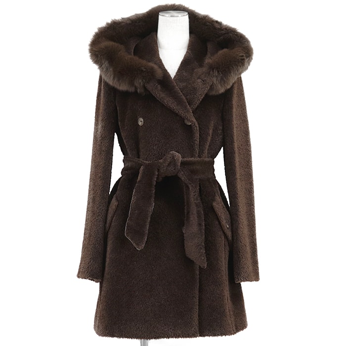 【美品】MaxMara マックスマーラ STUDIO ベルテッドコート サイズ 42 レディース アルパカ × ウール フーデッド ファーカラー アウター ベルト付属 ダークブラウン 茶色 イタリア製 60860993