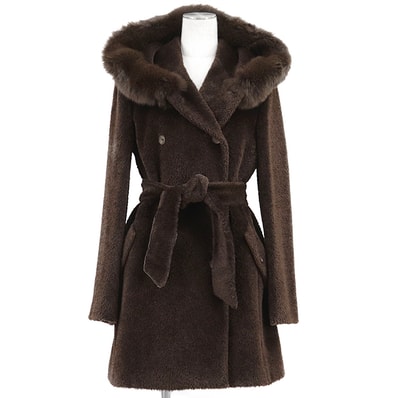 【美品】MaxMara マックスマーラ STUDIO ベルテッドコート サイズ 42 レディース アルパカ × ウール フーデッド ファーカラー アウター ベルト付属 ダークブラウン 茶色 イタリア製 60860993