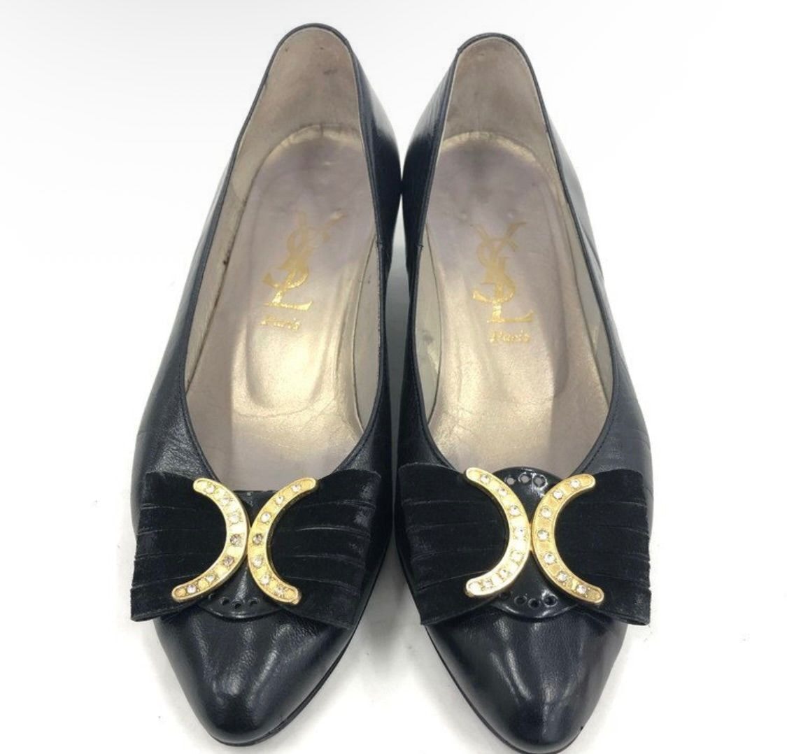 【Yves Saint Laurent】イヴサンローラン レザーパンプス パンプス ラインストーンモチーフ レザー レディース 日本製 ブラック 黒色 ゴールド金具 ロゴ入り ポインテッドトゥ EUR35 22cm エレガントパンプス フォーマル
