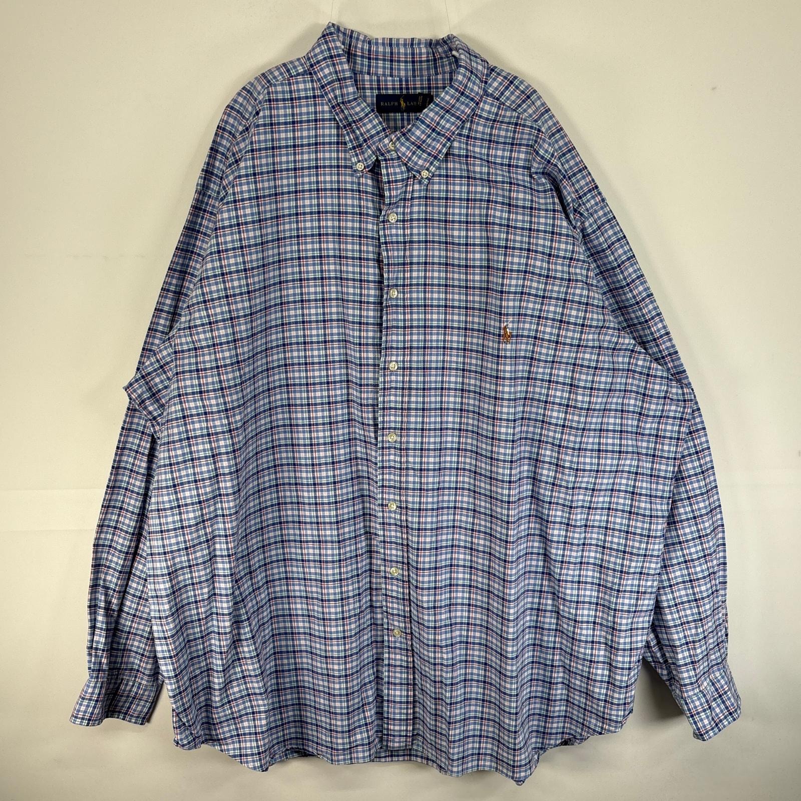 古着 ラルフローレン RALPH LAUREN 長袖シャツ ロゴ 刺繍 チェック 大きいサイズ 3XL  ブルー系 マルチカラー メンズ