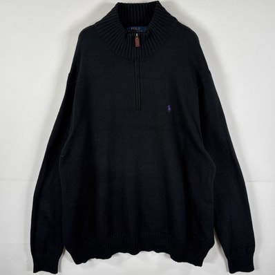 古着 ポロ・ラルフローレン POLO RALPH LAUREN コットンニット ハーフジップ ビッグサイズ ワンポイントロゴ 2XB BIG ブラック メンズ