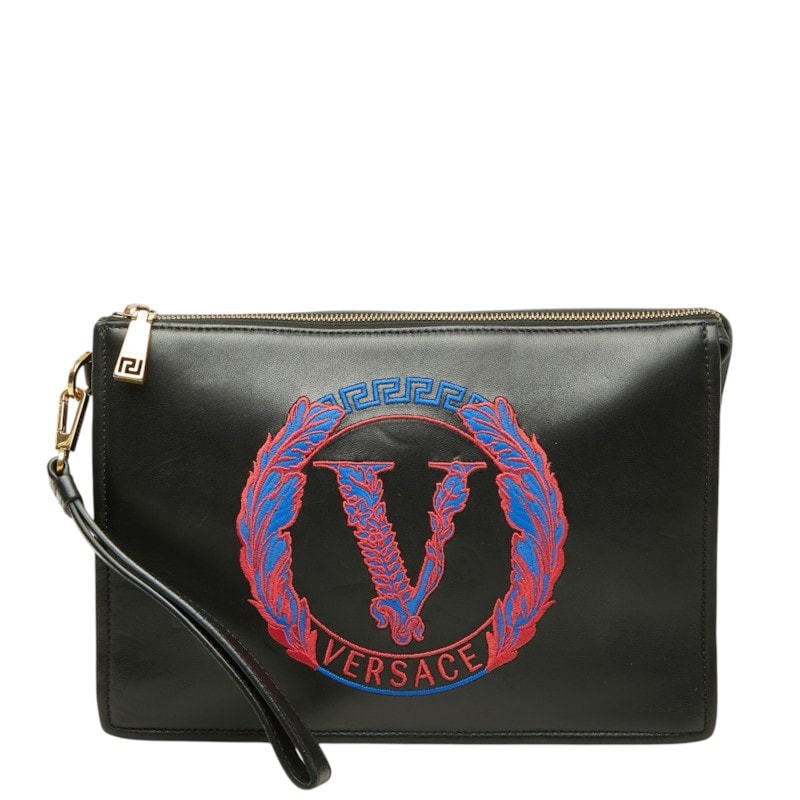 ヴェルサーチェ クラッチバッグ セカンドバッグ Vロゴ 刺繍デザイン ブラック レザー ユニセックス VERSACE 中古