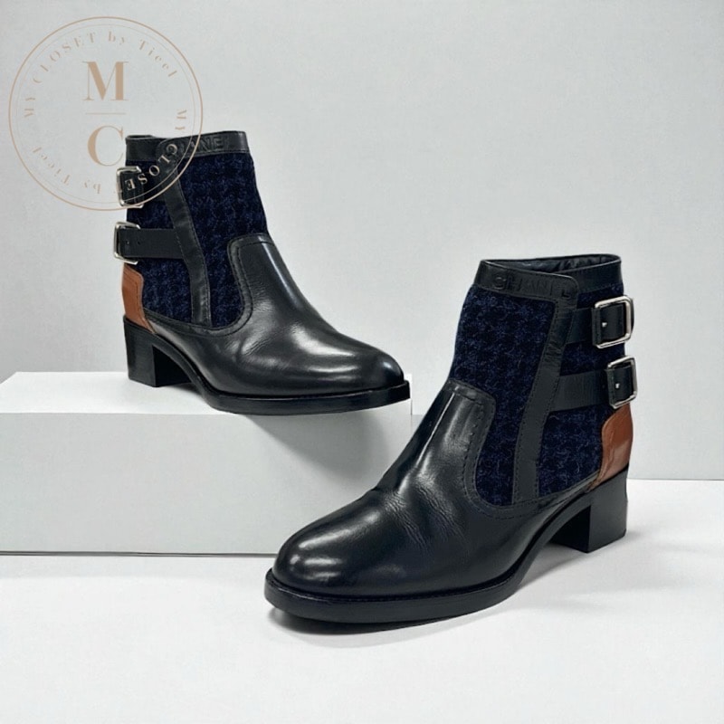 シャネル CHANEL ブーツ ショートブーツ 靴 シューズ ツイード ブラック ネイビー ブラウン ロゴ ベルト