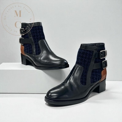 シャネル CHANEL ブーツ ショートブーツ 靴 シューズ ツイード ブラック ネイビー ブラウン ロゴ ベルト