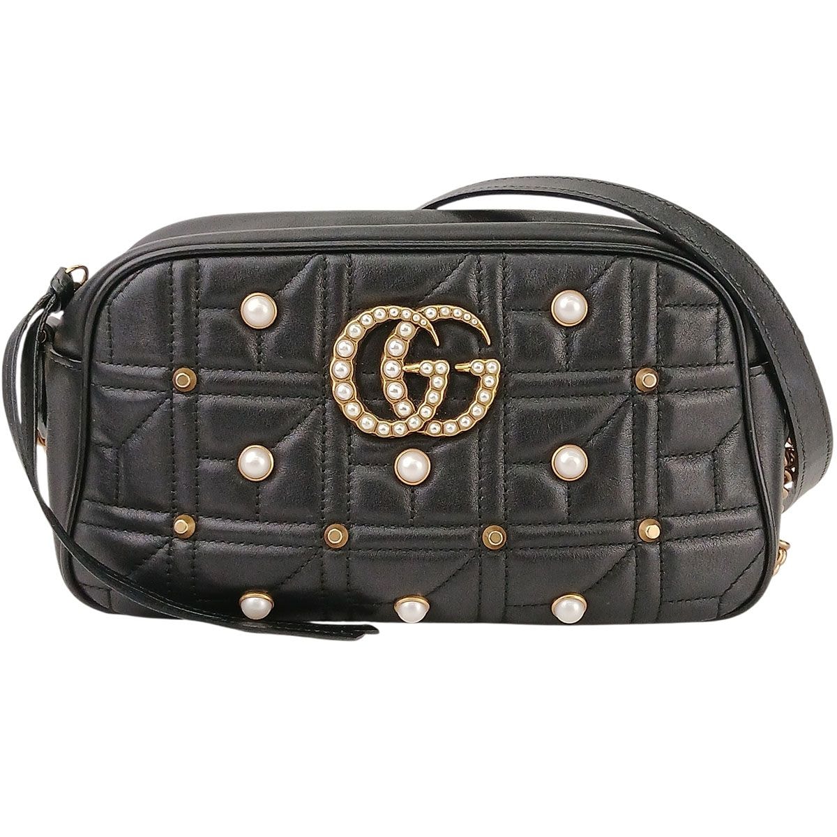 GUCCI グッチ GGマーモント パール スタッズ スモール カメラバッグ チェーンバッグ ショルダーバッグ 447632 レザー ブラック レディース【中古】