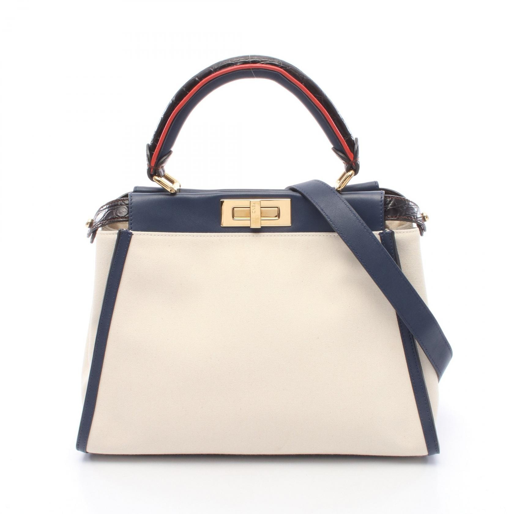 フェンディ FENDI ピーカブー レギュラー 2WAY ハンドバッグ バッグ キャンバス レザー レディース アイボリー系 / ネイビー系 / レッド系 8BN290 【中古】