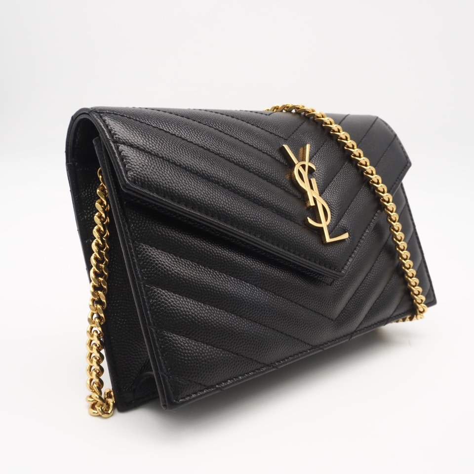 美品 SAINT LAURENT サンローラン グレイン ド プードルレザー カサンドラ エンベロープ チェーンウォレット 742920 ショルダーバッグ ブラック カーフレザー レディース