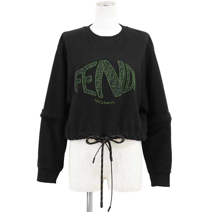 SALE【美品】FENDI フェンディ クロップドスウェット サイズ XS レディース シグネチャー ロゴ メッシュ × エンブロイダリー 刺繍 短丈 2WAY デタッチャブルスリーブ ドローコード トレーナー トップス ブラック グリーン 黒 緑 イタリア製