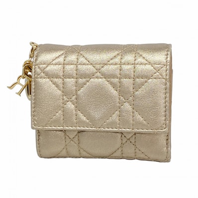 【6dc3032】クリスチャンディオール 三つ折り財布 カナージュ レディディオール レザー ゴールド ゴールド金具【中古】レディース