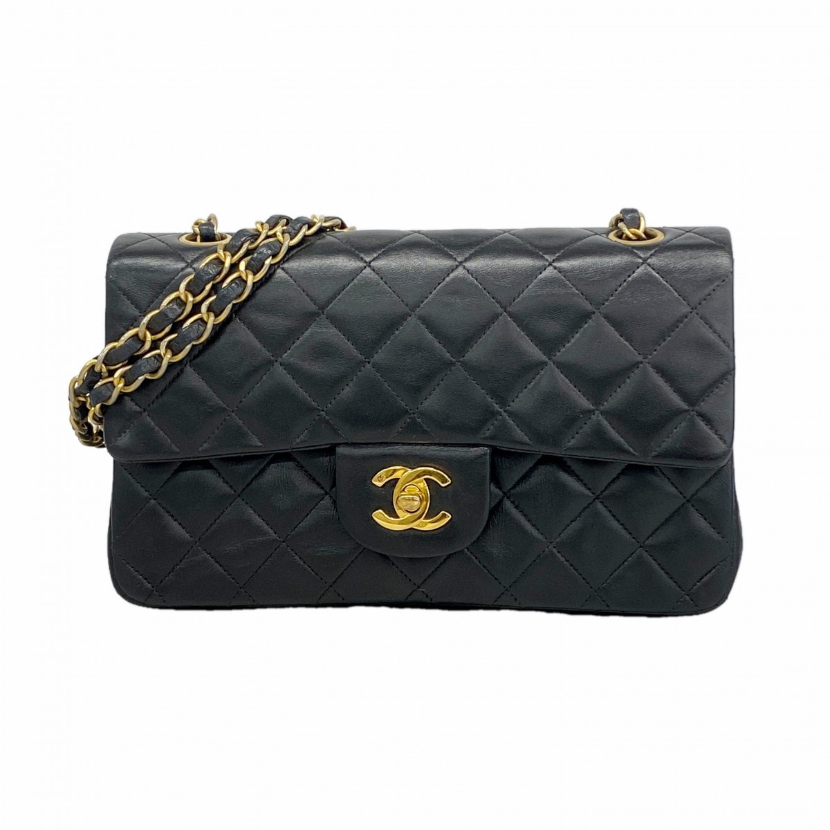★SALE【6gd3883】シャネル ショルダーバッグ マトラッセ Wフラップ Wチェーン ラムスキン ブラック ゴールド金具【中古】レディース
