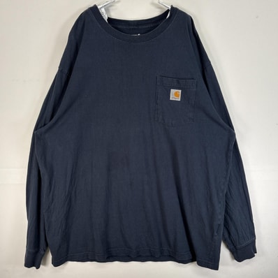 古着 カーハート Carhartt 長袖Tシャツ 大きいサイズ 肉厚 ワンポイント ロゴ 胸ポケ XL ネイビー 無地 メンズ