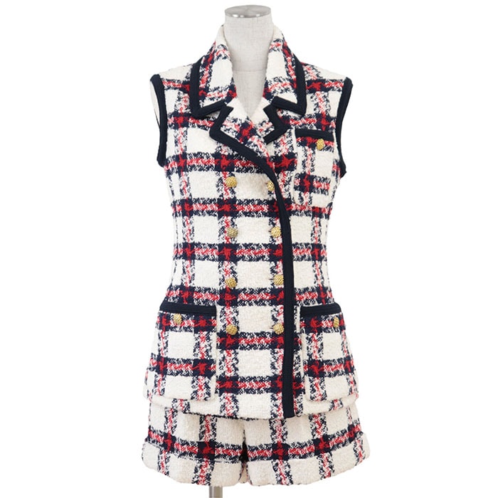 美品 グッチ ノースリーブ ジャケット パンツ ツイード チェック柄 金ボタン セットアップ レディース オフホワイト ネイビー レッド 38 GUCCI