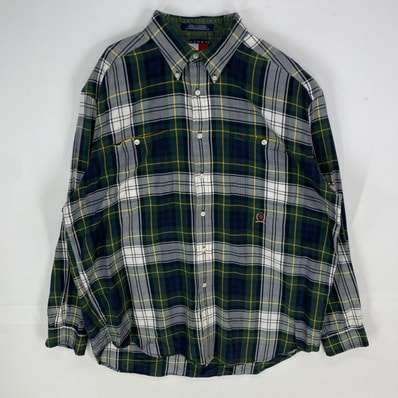 古着 90's/90年代 トミーヒルフィガー TOMMY HILFIGER 長袖シャツ ワンポイント 胸ポケット L グリーン系 チェック メンズ