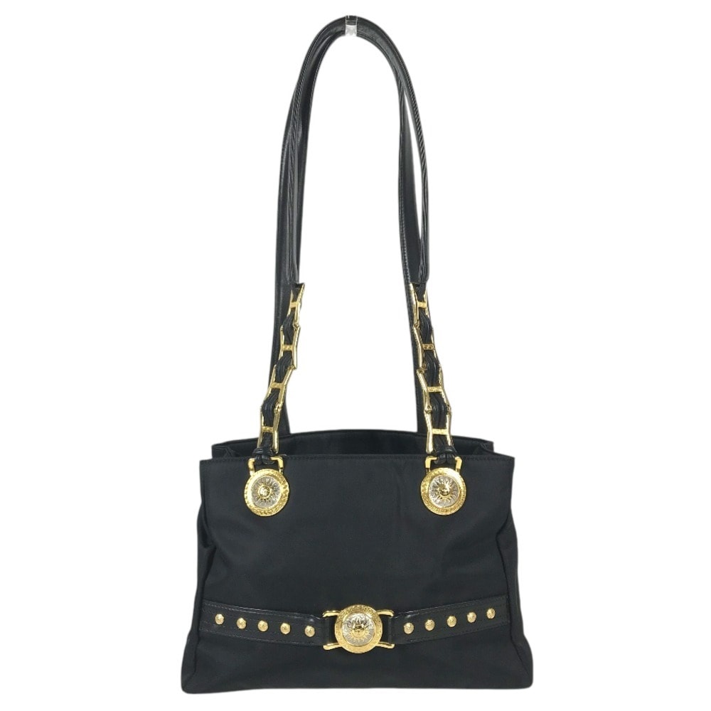 ヴェルサーチ VERSACE ロゴ サンバースト チェーンバッグ ヴィンテージ 肩掛け カバン トートバッグ Wチェーン ショルダーバッグ ナイロン/レザー ブラック