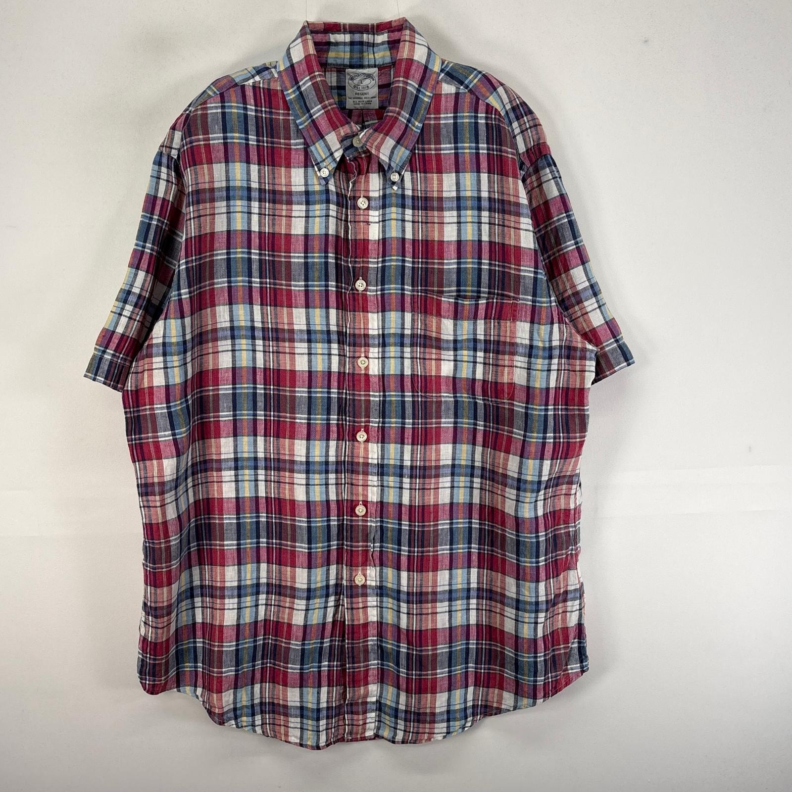 古着 ブルックスブラザーズ Brooks Brothers 半袖シャツ IRISH LINEN チェック 胸ポケ L  レッド系 マルチカラー メンズ