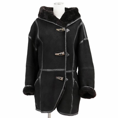 イッセイミヤケ ムートン ダッフル レザー パイピング コート レディース ブラック M ISSEY MIYAKE