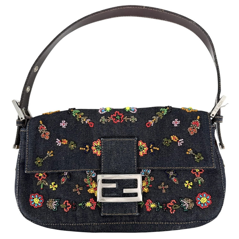 FENDI フェンディ ハンドバッグ マンマバケット ビーズ 刺繍 肩掛け Mamma Bucket 26424 デニム  レザー   インディゴ シルバー金具 レディース【中古品】