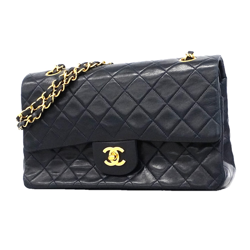 【6he4782】シャネル ショルダーバッグ マトラッセ Wフラップ Wチェーン ラムスキン ブラック ゴールド金具【中古】レディース