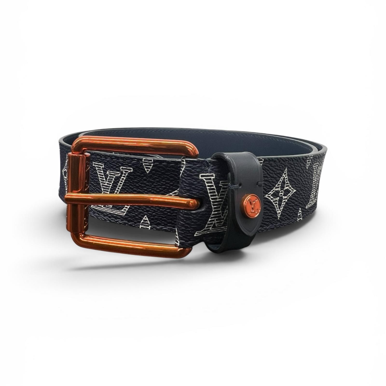 LOUIS VUITTON 希少 極美品 ルイヴィトン サンチュール ヴォヤジェ 35MM モノグラムインク ベルト M0047 レザー BC1128 18AW ネイビー #90/36 LV Aランク 中古 鑑定済 ヴィトンベルト