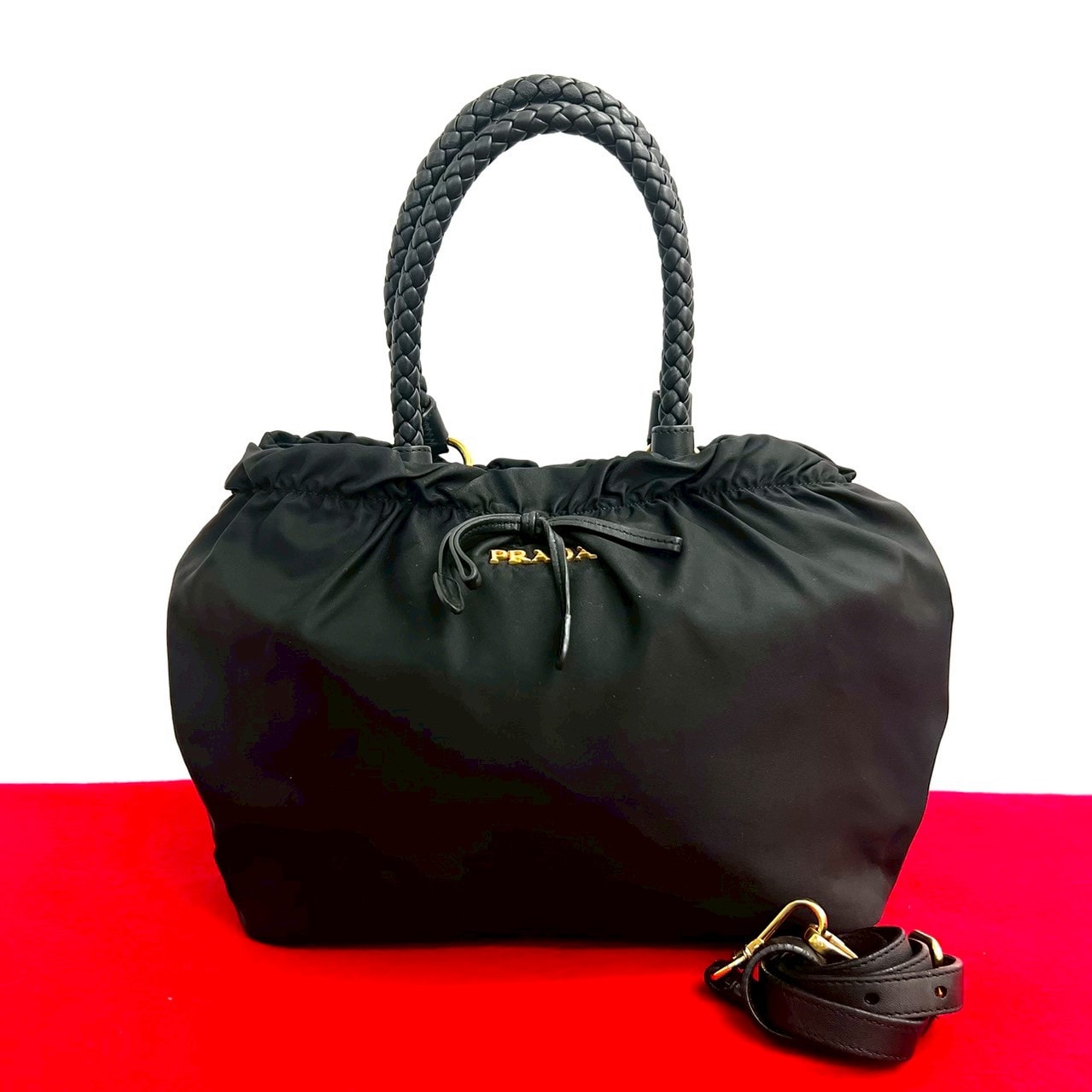 PRADA プラダ ロゴ 金具 ナイロン レザー ショルダーバッグ ブラック
 40199