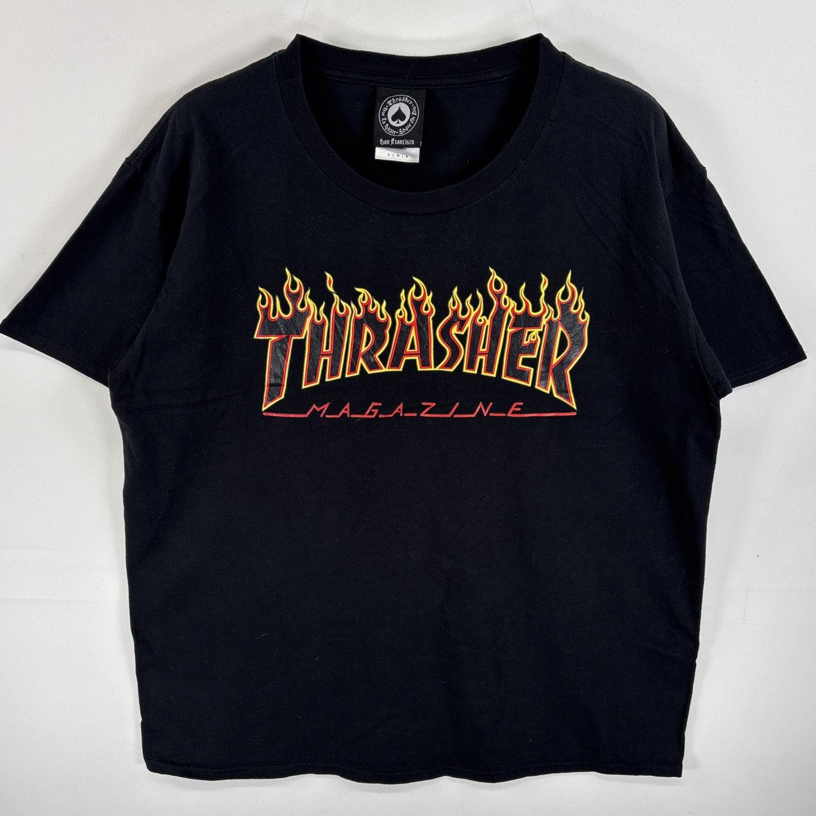 古着 スラッシャー THRASHER 半袖Tシャツ フロントロゴ ファイヤーデザイン スケボー L  ブラック 無地 メンズ