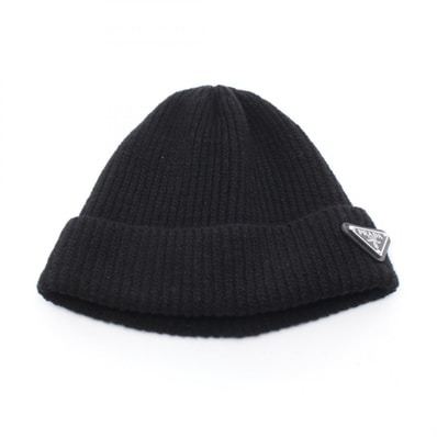 プラダ PRADA トライアングルロゴ ニットキャップ 帽子 ウール カシミヤ レディース ブラック系 【中古】
